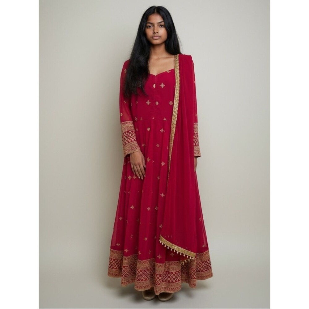 Handmade Fuchsia Pink & Gold Embroidered Anarkali Dress with Dupatta